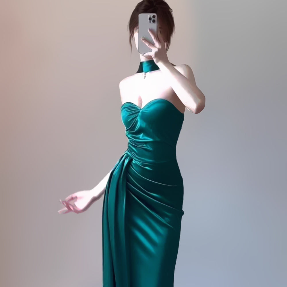merald Green Halter Satin Maxi Dress