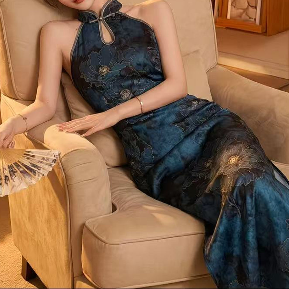 Halter Satin Qipao Maxi Dress