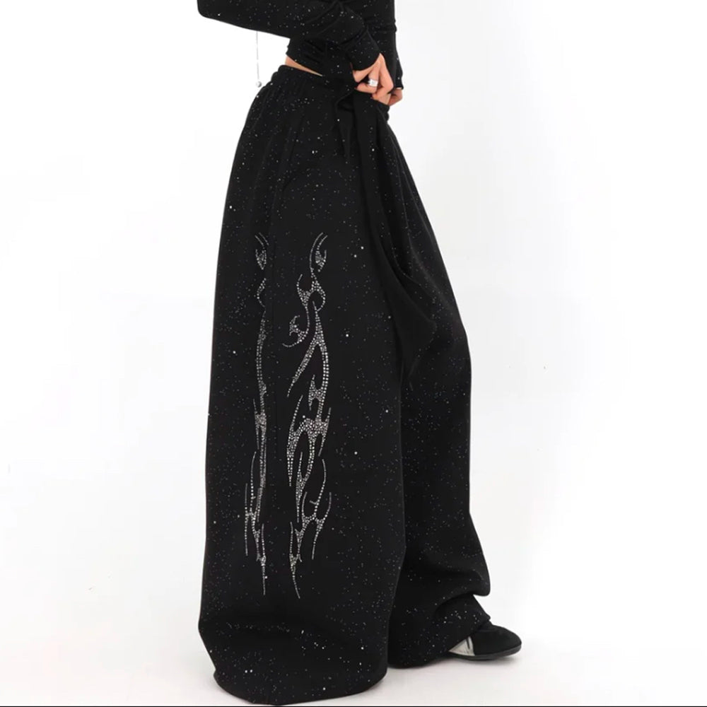 Rhinestone Flame Wide Leg Pants