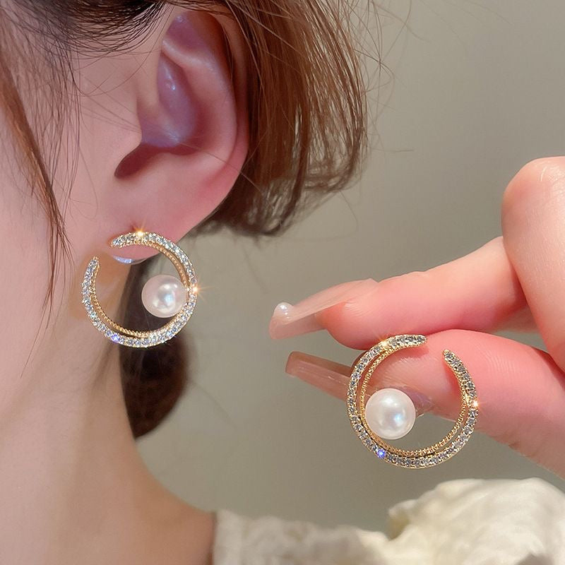 Crescent Moon Pearl & Crystal Earrings