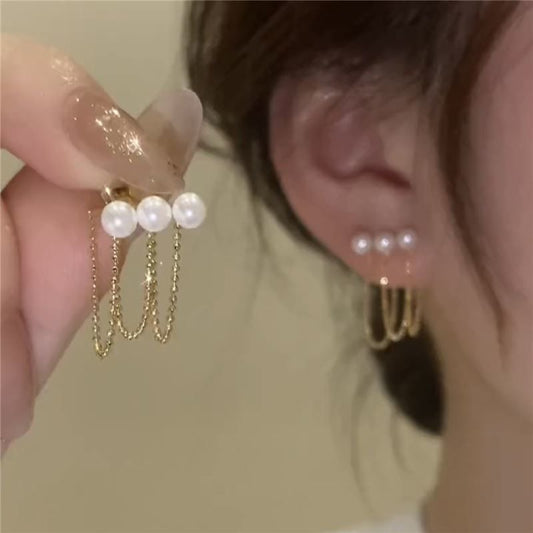 Three Pearl Chain Drop Earrings