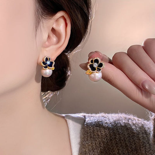Black Enamel Clover Pearl Drop Earrings