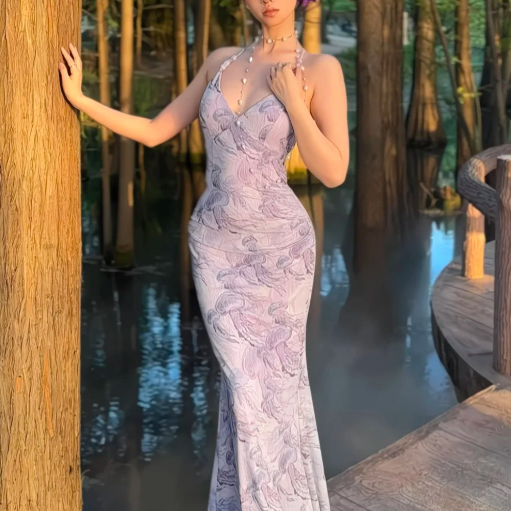 Purple Print Halter Mermaid Maxi Dress