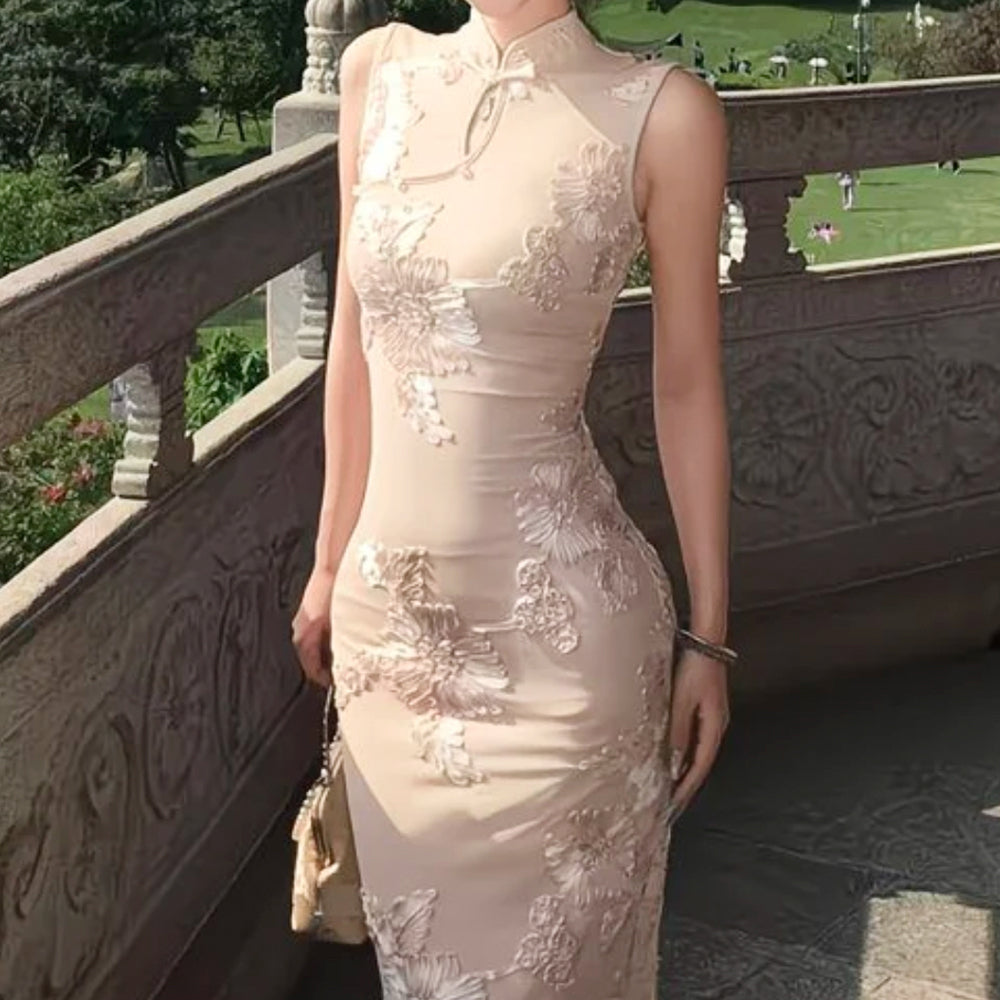 Lace Applique Sleeveless Qipao Dress