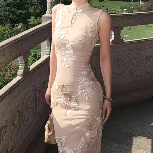 Lace Applique Sleeveless Qipao Dress