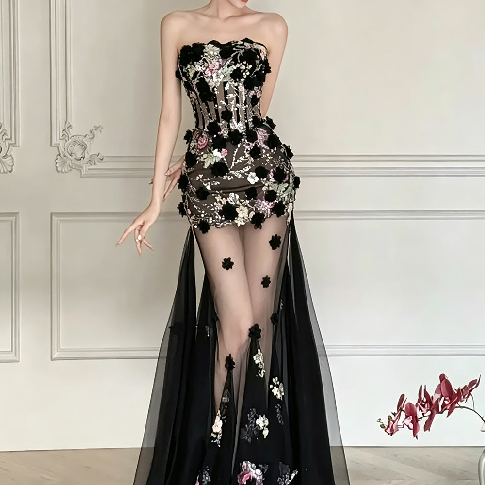 Black three-dimensional embroidered gown