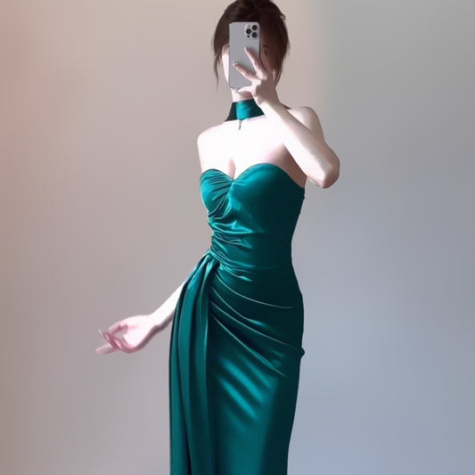 merald Green Halter Satin Maxi Dress