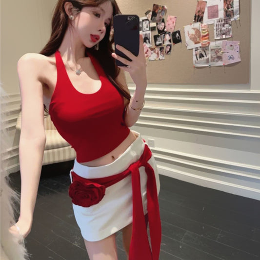 Red Halter Crop Top & White Rose Skirt Set