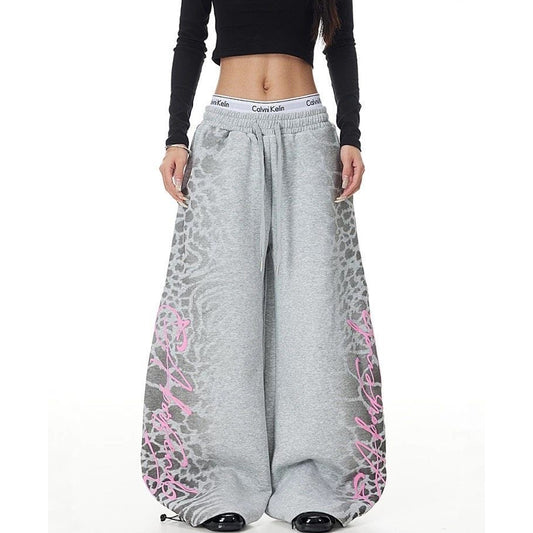 Leopard Print Letter Wide Leg Sweatpants