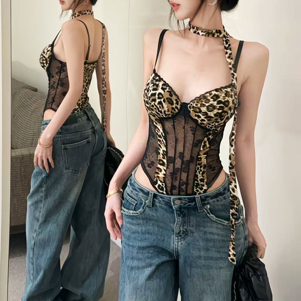 Leopard Lace Halter Corset Bodysuit
