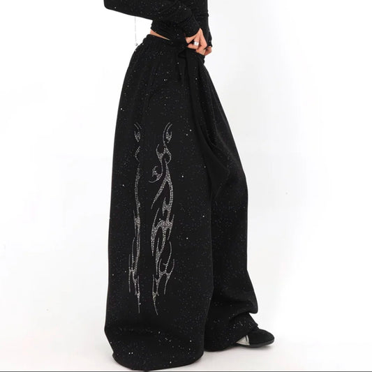 Rhinestone Flame Wide Leg Pants
